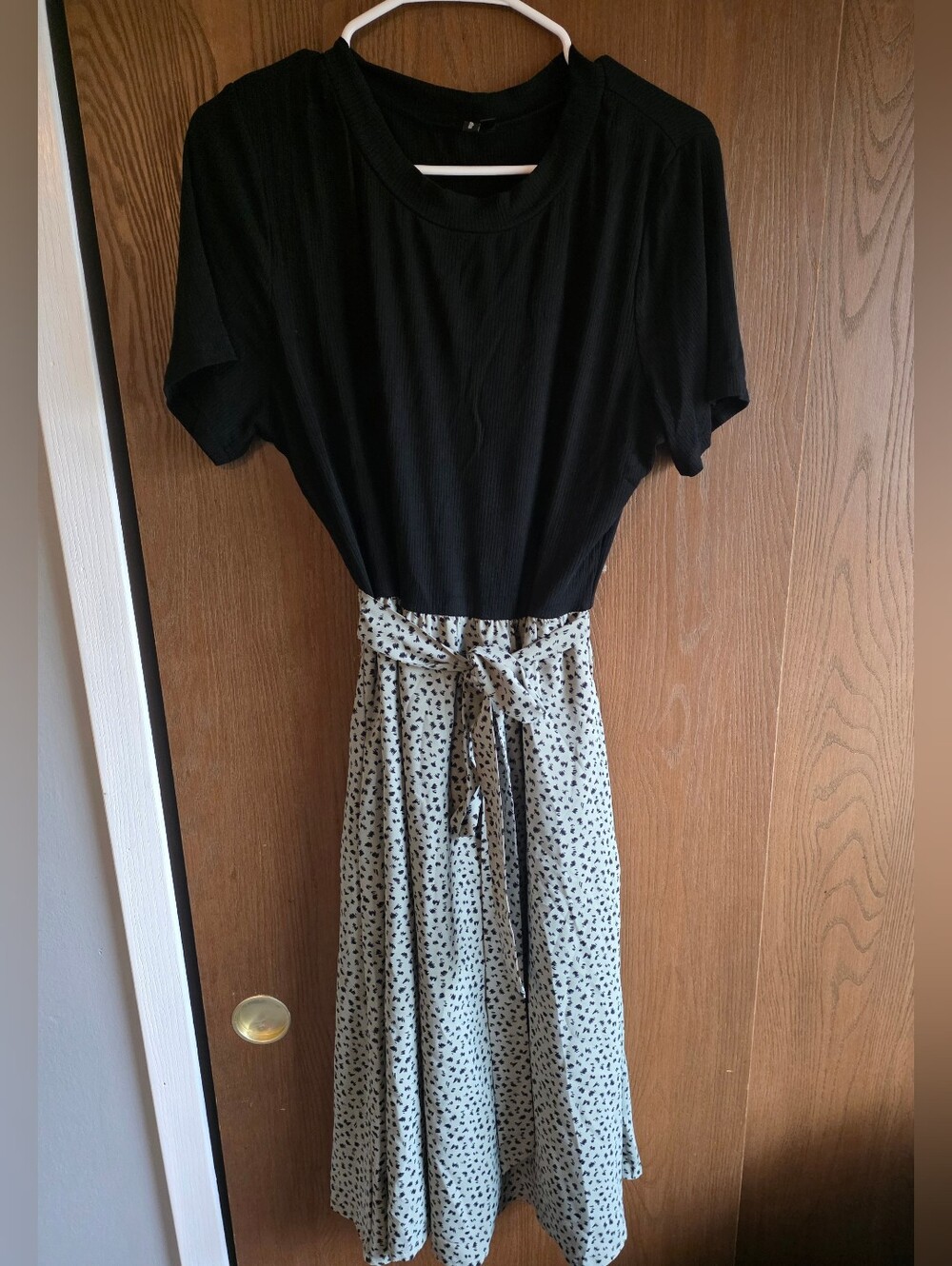 Black Top with Cream Polka Midi Dress with Tie Waist